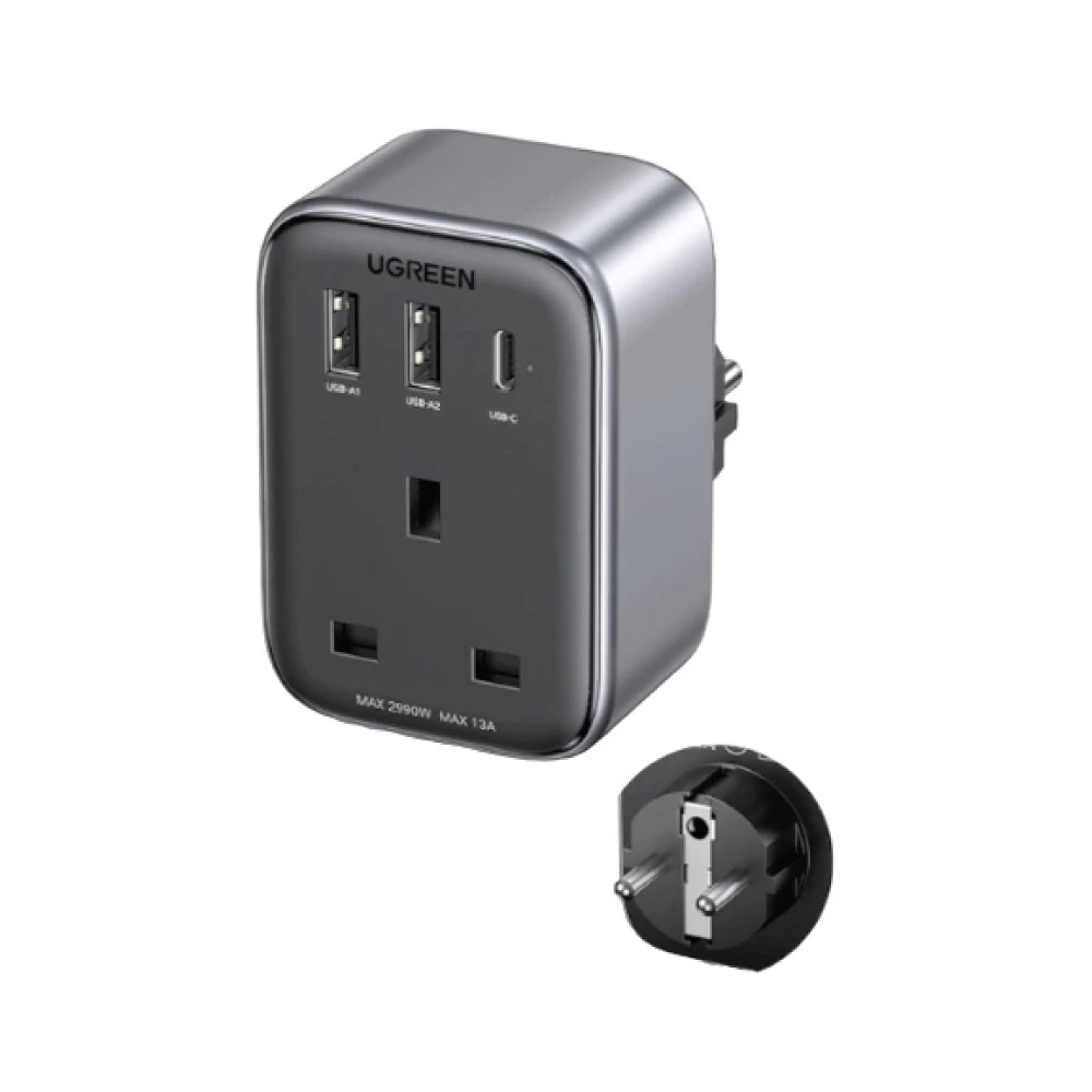 Rozetka üçin adapter UGREEN 15290 EU – UK + 2 goşmaça USB we Type-C 30W